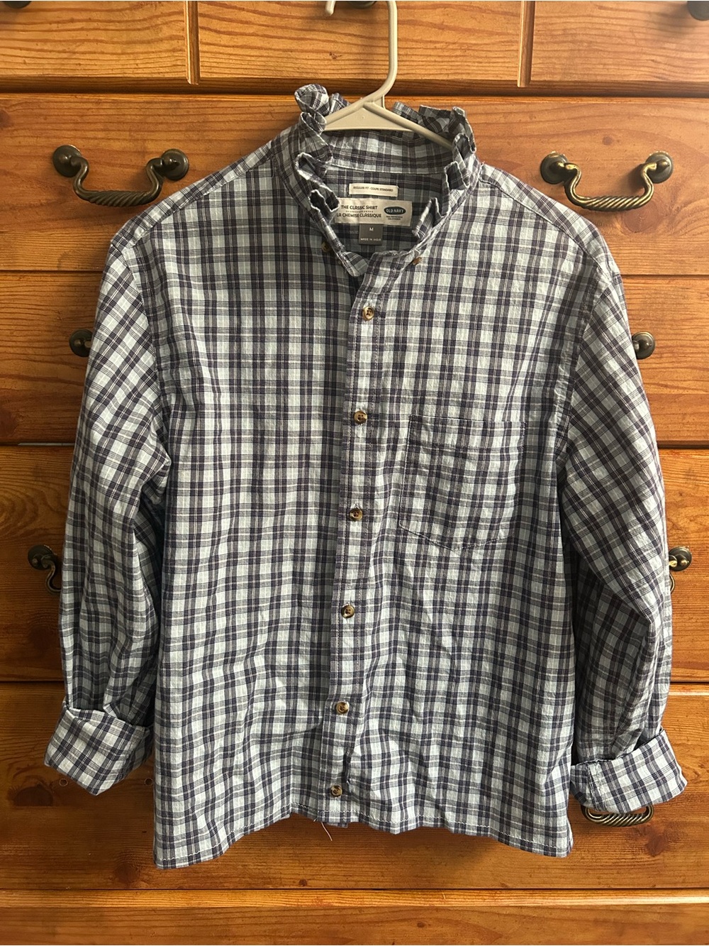 Upcycled ruffle collar Button-Up Shirt blue plaid